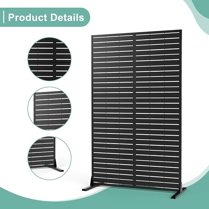 Metal Privacy Screen for Outdoor & Indoor Use, Free Standing Privacy Screen for Patio Garden Pool, 72" H x 44" W Decoative Privacy Panels, Weather Resistant, Easy Assembly (Black Louvered Floral)