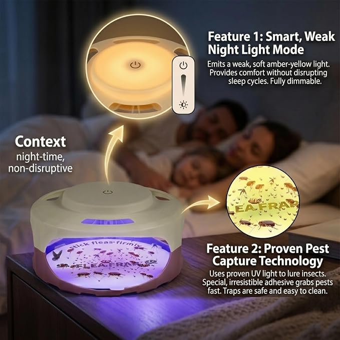 4 Pack Flea Traps for Inside Your Home,Type-C Powered Flea Trap Indoor with Dual Light 30 LED Lights, Indoor Flea Control Device & Bug Light Trap,16 Sticky Pads Refills for Bed&Living Room