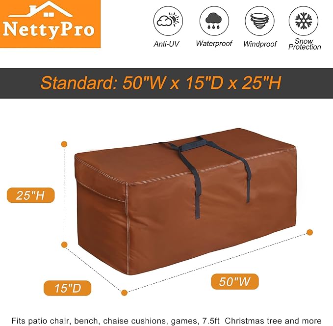 NettyPro Outdoor Patio Cushion Storage Bags Water-Resistant Large Storage Bag with Zipper and Handle for Patio Furniture Cushion Christmas Tree 7.5 Ft, 50 x 15 x 25 Inch, Brown
