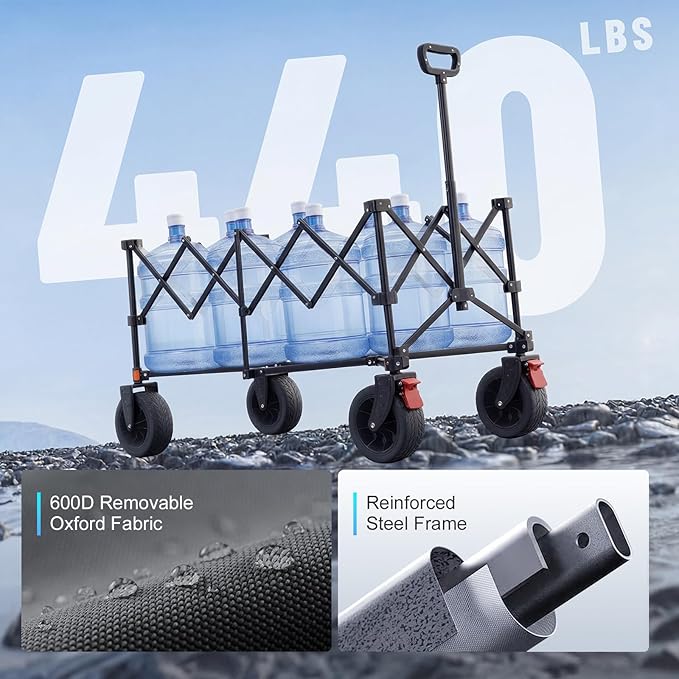 Overmont 46.6" L Extended Collapsible Wagon Cart - 440LBS Heavy Duty Foldable Beach Wagon with Big All-Terrain Wheels - Portable Folding Utility Wagon for Camping Sports Grocery Garden Shopping