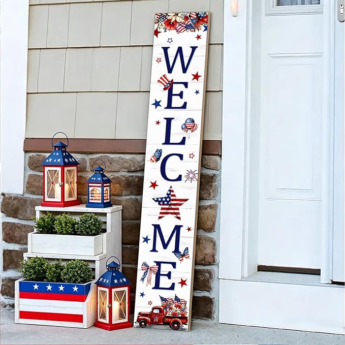 4th of July Patriotic Welcome Sign, American Flag Truck Wooden Porch Sign For Patio, 47" USA Flag Front Door Signs All Seasons Decor Standing Yard Signs Holiday Vertical Signs for Outdoor Indoor Wall Garden