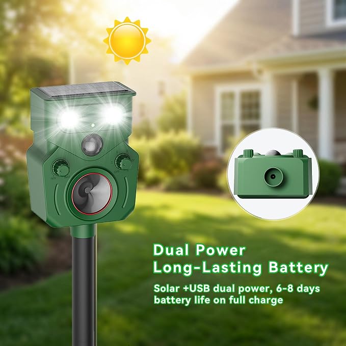 Ultrasonic Animal Repeller Solar Powered Ultrasonic Deer Repeller Motion Sensor Cat Deterrent 2 Pack Fox Squirrel Dog Deterrent Device with 5 Modes and Flashing Lights Outdoors Yard Lawn Farm Garden