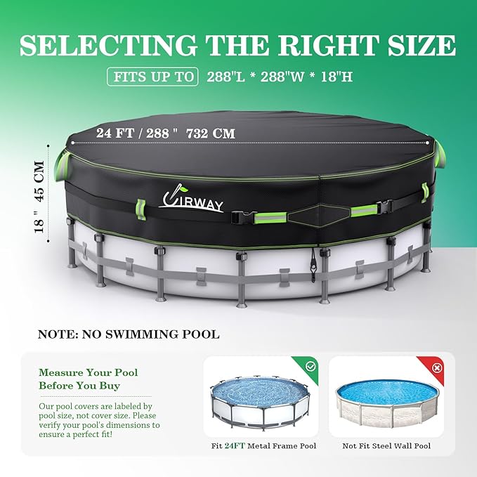 UIRWAY 500D Pool Cover 24FT Round [2026 Upgraded Heavy Duty Fabric] Solar Pool Covers for Above Ground Pools, New Super Windproof Gel-Coated Tarp Straps, Swimming Pool Covers with UV Protection