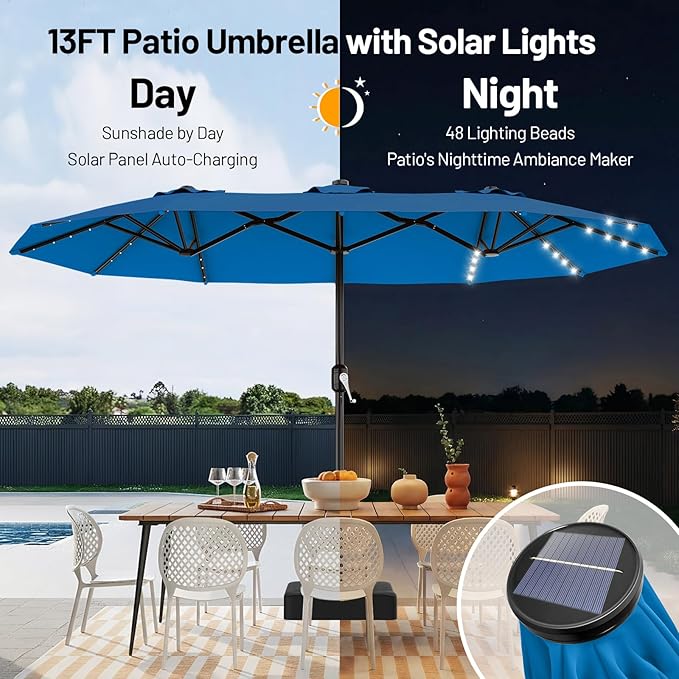 AreShark 13 FT Patio Umbrella with Solar Lights, Double-Sided Outdoor Table Umbrellas with Crank, Large Rectangular Market Umbrella for Porch, Lawn, Pool, Backyard, Royal Blue