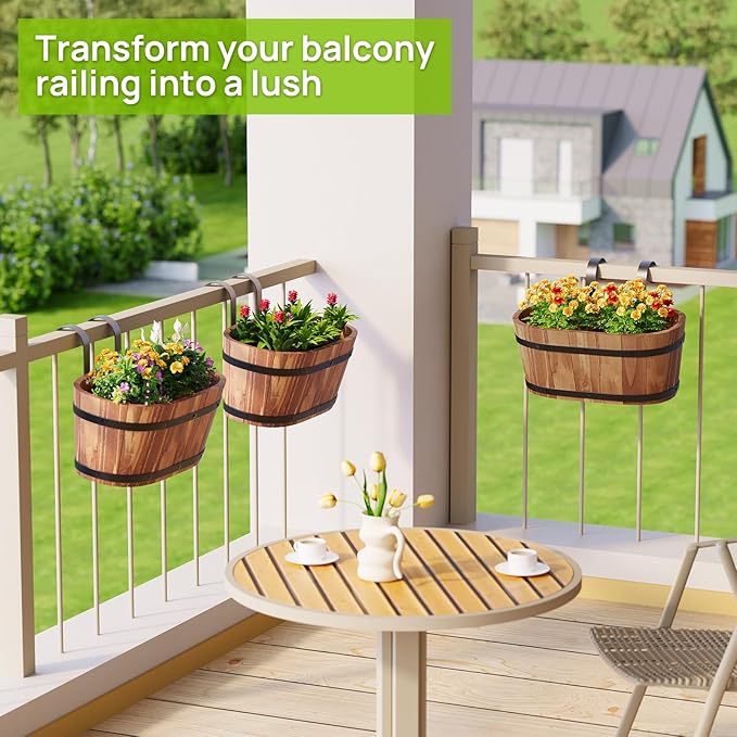 2pcs Wooden Hanging Flower Pots for Railing Fence Outdoor Planter Railing Planter Boxes for Plants Wall Planters Window Flower Box Hanging Bucket Pots Countryside plant Holder (Brown,2pcs,Large)
