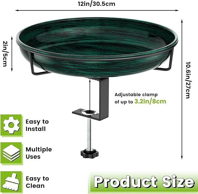 Deck Mounted Metal Bird Bath for Outside, Detachable Birdbath Bowl with Adjustable Steel Clamp, Outdoor Bird Feeder for Railing Balcony Fence Yard Art Garden Decor (Vintage Green)
