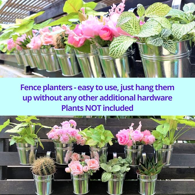 LaLaGreen Bundle - 3 Tier, 16 Inch Wall Hanging Planter + 10 Pack, 6 Inch Silver Metal Flower Pots Deck Railing Fence Balcony, Succulent Rectangle Long Large Hanging Vertical Shower Plant Garden Decor