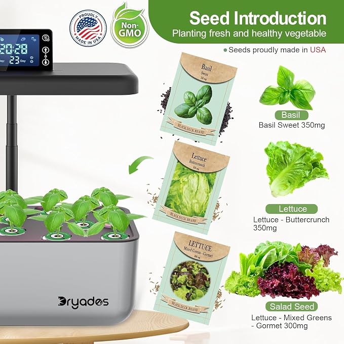 12 Pod Hydroponic Indoor Garden System with Full Spectrum LED Grow Light, Countertop Herb Growing Kit with Seed Starter, Soil-Free Planter for Kitchen, 13.8 x 13.8 x 7.9 Inches, Silver