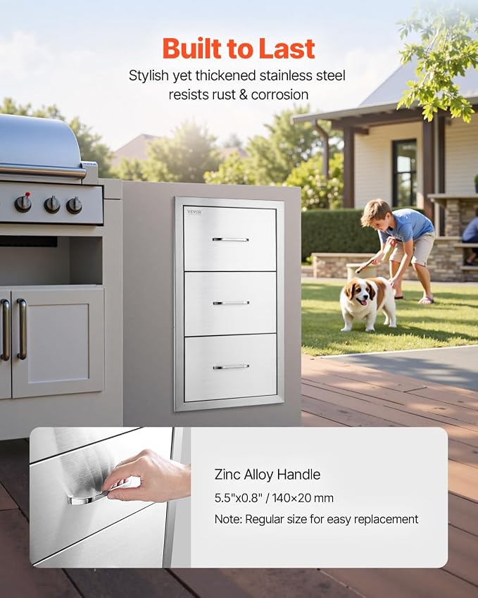 VEVOR Outdoor Kitchen Drawers 17W x 30H x 21D Inch, Outdoor Kitchen Cabinets, Stainless Steel Double Access Drawers, with Paper Towel Holder, Combo for BBQ Island Drawers or Grill Station