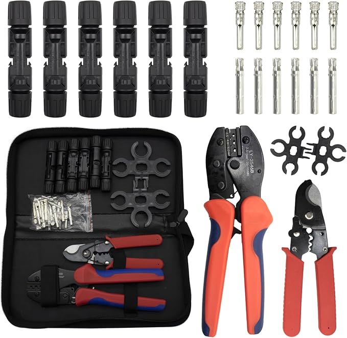 Solar PV Panel Crimping Tool Kit, with 6 Pairs Solar Connectors, Iron Wire Cable Cutter, Solar Spanner Wrenches, Solar Connector Crimper, Works for AWG10-14,2.5/4/6mm²