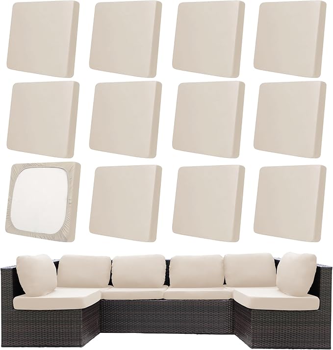 12Pcs Patio Cushion Covers,Outdoor Cushions Covers,Stretch Cushion Covers Replacement, Washable and Reusable Furniture Protectors(Beige)