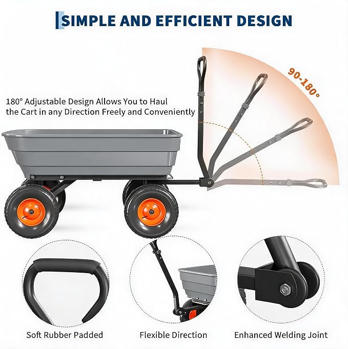 1200 lb Poly Garden Dump Cart, Wheelbarrow Yard Cart with 13 in Wheels, Quick-Dump & Towable Utility Wagon with Convertible Handle for for Yard, Soil, Rocks（Gray）