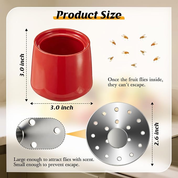 Ceramic Fruit Fly Trap for Indoors, Reusable Kitchen Fly Catcher with Stainless Steel Vent Lid, Uses Safe & Natural Vinegar Bait Trap, Dishwasher Safe, Easy to Use(Red,1 Pack)