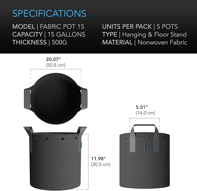AC Infinity Heavy Duty Fabric Pots, 15 Gallon Aeration Reusable Grow Bags 5-Pack with 500G Thick Nonwoven Fabric and Multi-Purpose Rings, for Plant Hanging and Low Stress Training