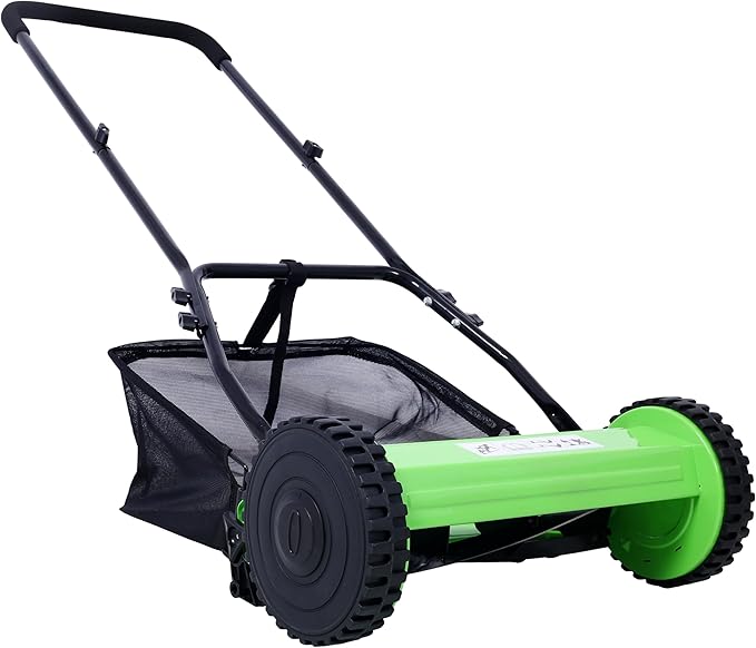 KEIKI 16-Inch Manual Lawn Mower, Push Reel Mowers w/Grass Catcher & Adjustable Cutting Height, 2-Wheels Small Lawnmower with 5 Steel Blades for Graden, Spaces Saving & Easy Assembly, Green