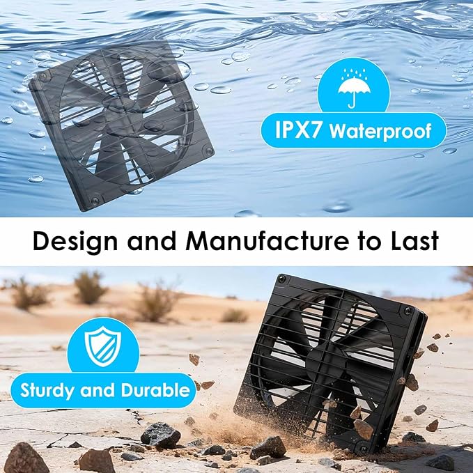 7 Inch 44W Solar Powered Two Fan Exhaust Vent Large Airflow for Outside Greenhouse Chicken Coop Shed Trailer, IPX7 Waterproof Brushless DC Motor 16.5 Ft On/Off Switch Cable
