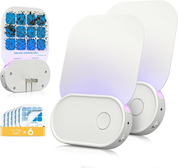 Fruit Fly Traps for Indoors (2 Device + 6 Refills), Gnat Traps for House Indoor, Plug in Fly Trap for Gnats, Fruit Flies, Flying Insects Sleek Design Indoor Safe