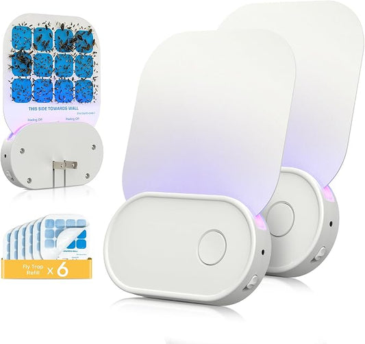 Fruit Fly Traps for Indoors (2 Device + 6 Refills), Gnat Traps for House Indoor, Plug in Fly Trap for Gnats, Fruit Flies, Flying Insects Sleek Design Indoor Safe