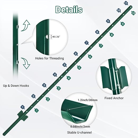 Metal Fence Posts, 16 Pack of Splicing 6 FT Green Heavy Duty U Posts, No Dig T Posts for Fences Wire Mesh, Perfect for Temporary Fencing, Electric Fence Wire, Corner Anchor