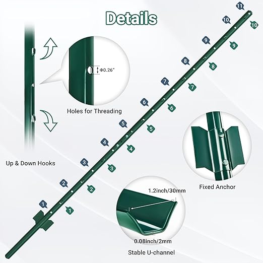 Metal Fence Posts, 16 Pack of Splicing 6 FT Green Heavy Duty U Posts, No Dig T Posts for Fences Wire Mesh, Perfect for Temporary Fencing, Electric Fence Wire, Corner Anchor