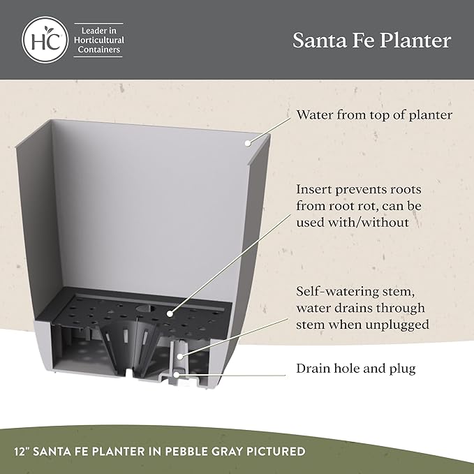 The HC Companies Santa Fe Square Self-Watering Pot - Lightweight Plastic Planter for Herbs & More - Durable Plant Pots for Indoor Plants & Outdoor Plants (16” Pebble Gray, Pack 1)