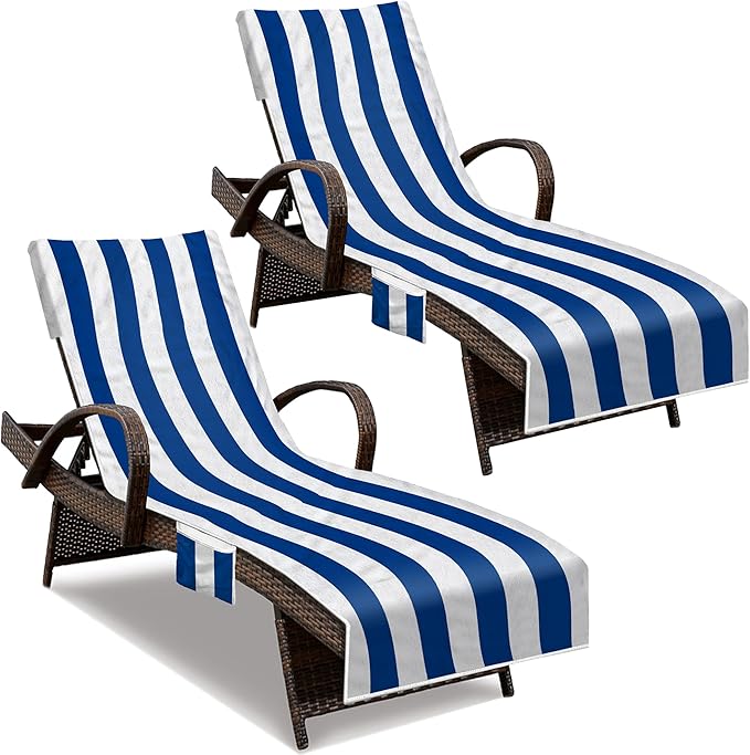 Lounge Chair Towel Cover, Beach Chair Cover (Pack of 2), Pool Lounge Chair Covers for Outdoor,Garden, Beach,Sun Lounger,Hotel Pool, 85" X 30"Large Size and No Sliding, Royal Blue Stripe