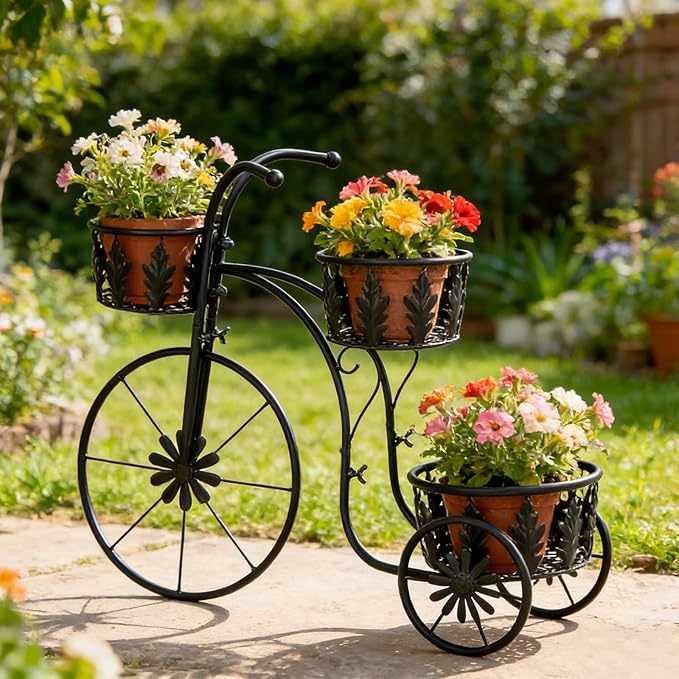 Metal Bicycle Planter Stand, 3 Tier Flower Pot Stand Cart with 3 Plant Buckets, Outdoor Garden Decorative Planter for Yard Patio Lawn Flower Shop Home Decor (Black)