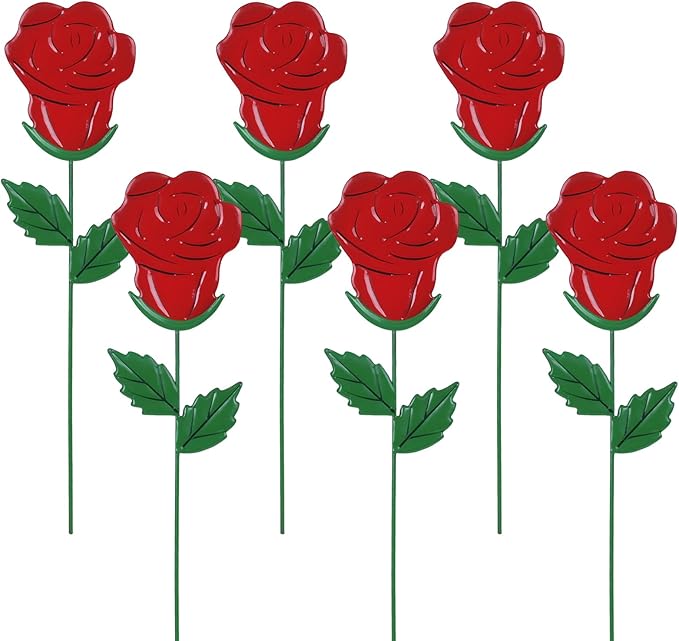 YEAHOME Valentines Day Decorations Outdoor, Set of 6 Rose Metal Flowers Decorative Garden Stakes for Valentines Day Decor, Lovely Yard Stakes for Home Lawn Pot Flowerbed Wedding Anniversary