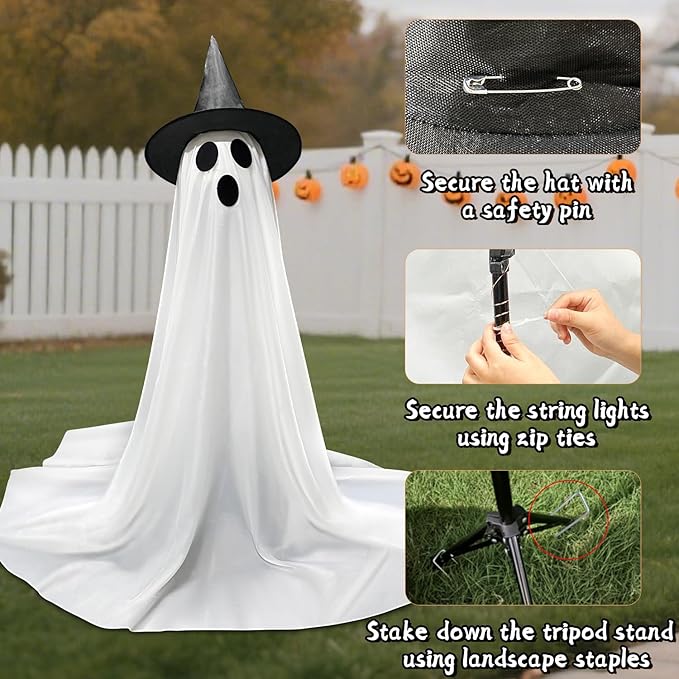 Halloween Decorations Outdoor & Indoor Decor - 2 Pack 59-inch Remote Control Spooky Ghost String Lights with Witch Hats, Halloween Lights for Porch, Yards, Patio, Garden Lawn, Party