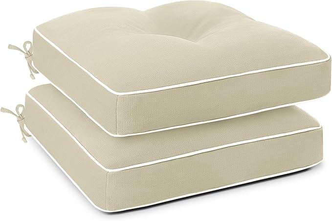 Favoyard Patio Chair Cushions 19 × 19 Inch Water Resistant & 3-Year Color Fastness Outdoor Chairs Cushion for Seat Dining Rocking Wicker Chair Cushion With Tie Straps Tufted Square Pads, Beige, 2 Pack