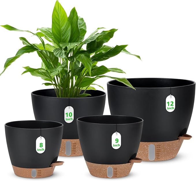 12" 10" 9" 8" Self Watering Pot for Indoor Plants, Large Plastic Planters Set with Water Level Indicator Deep Reservoir Tray, Bottom Watering Big Flower Pots with Mesh Drainage Hole - Black