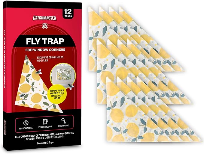 Catchmaster Fly Traps for Window Corners, Decorative 12-Pack, Gnat and Fruit Fly Strips, Disposable Discreet Bug Catcher, Insect Sticky Glue Traps, Adhesive Pest Control for Home & Kitchen