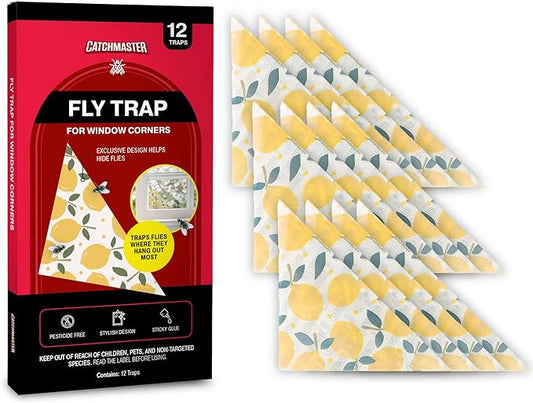 Catchmaster Fly Traps for Window Corners, Decorative 12-Pack, Gnat and Fruit Fly Strips, Disposable Discreet Bug Catcher, Insect Sticky Glue Traps, Adhesive Pest Control for Home & Kitchen