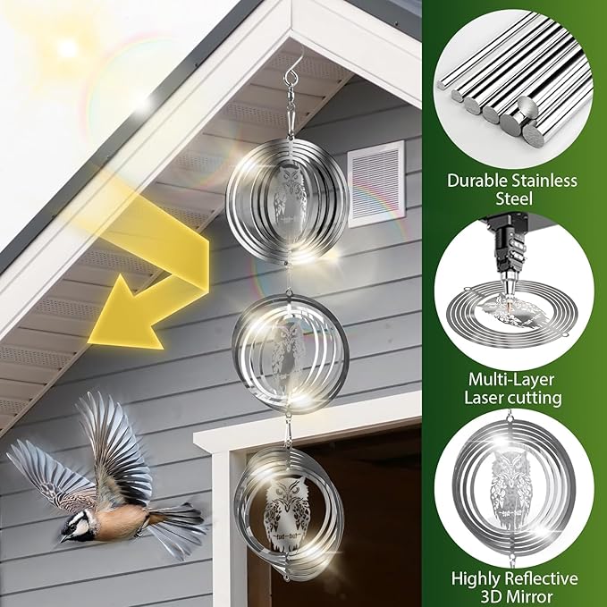 CHONOVO Bird Deterrents for Outside, 12 Discs 4 Set Reflective Owl Wind Spinners, 3D Bird Scare Devices to Keep Woodpecker Pigeon Away, Outdoor Hanging Bird Reflectors for Patio, Roof, Garden, Yard