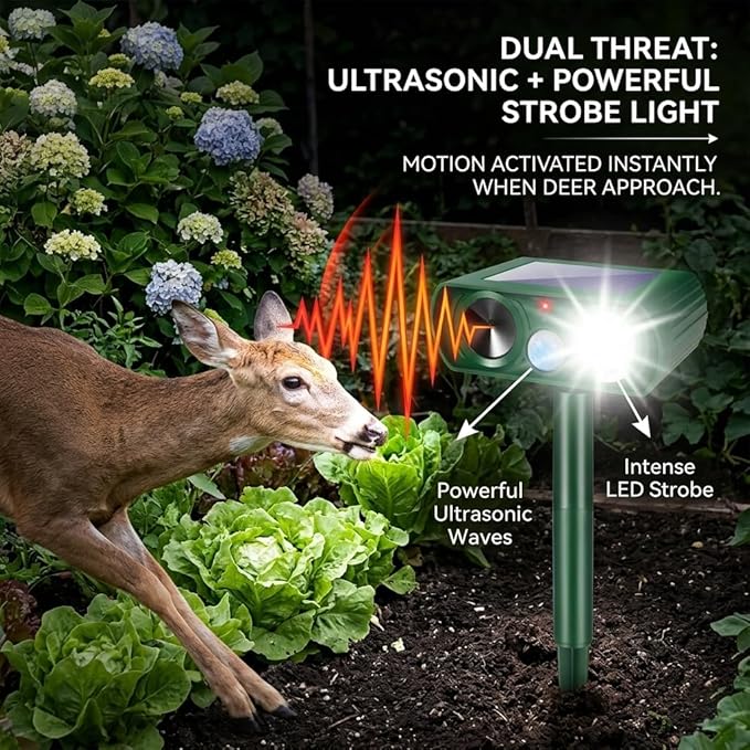 2026 Upgraded Sonic Fortress Pro Deer Repellent Device,2Pack Solar Ultrasonic Animal Repellent with Motion Sensor&Flash Light-IP65 Waterproof Rabbit Fortress Pro,Cat Repellent for Yard