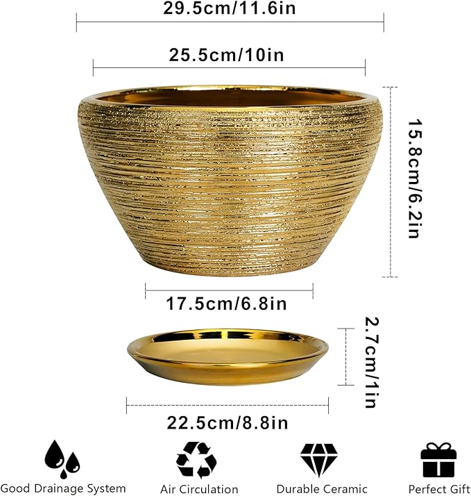 Ceramicfor Ceramic Planter 11 Inch - Indoor Plant Pot with Drainage Hole and Saucer Large Planter for Outdoor Plants Mid-Century Decorative Flower Pot for Home Decor Gold