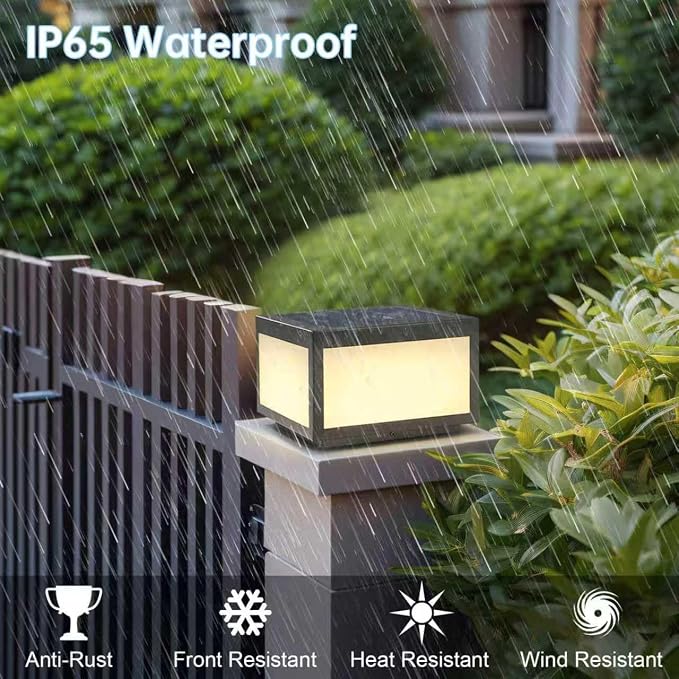 Solar Post Lights Outdoor Pillar Light,Solar Cap Column Lighting LED Square Deck Cap Lamp for Flat Surface Patio Garden Decoration, Stainless Steel Lamp Post Dusk to Dawn with IP65 Waterproof（10"x10"）