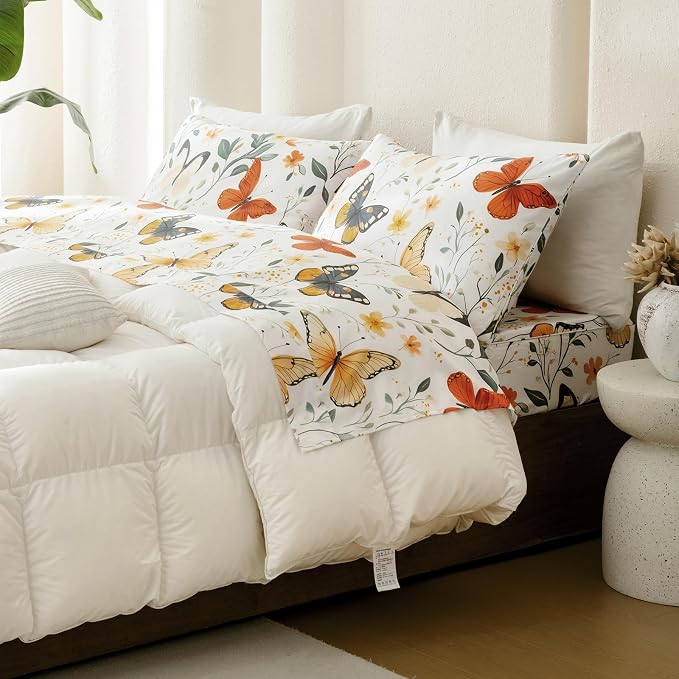 QSH Green Floral Sheets Queen Size,100% Egyptian Cotton Sheets Queen Rosemary Flowers Butterfly Botanical Pattern Printed Bedding Sheet Extra Soft and Breathable 17.5" Deep Pockets Bed Sheet 4PCs