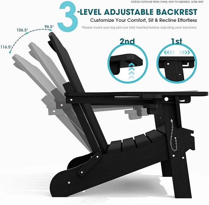 THOEOE Folding Adjustable Adirondack Chairs with Ottoman & 1 Cup Holders Set of 2, HDEP Multifunctional Adirondack Chair with Footrest,Black