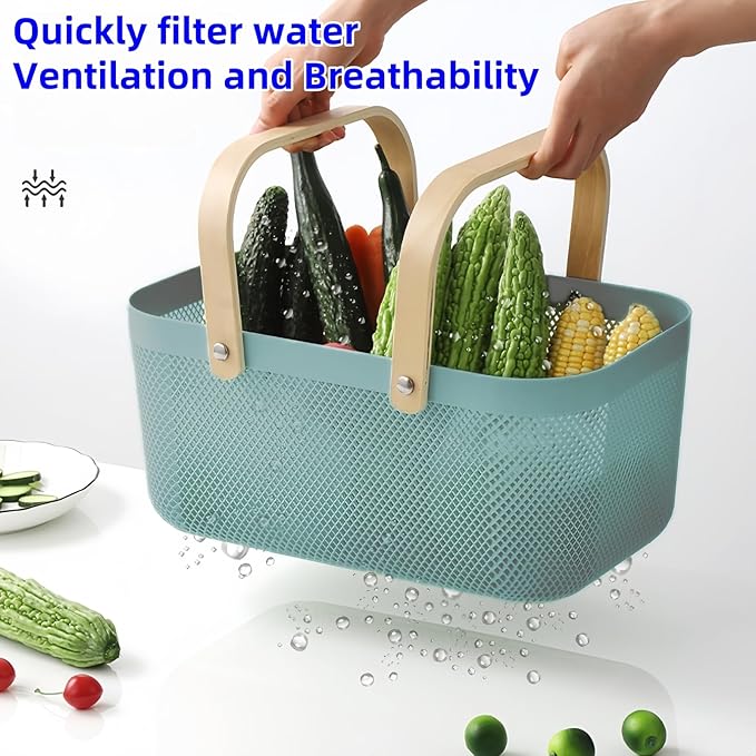 3pcs Collapsible Wooden Handle Plastic Harvest Basket - Rectangular Garden Storage Basket for Picking and Collecting Vegetables, Fruits - Ideal for Garden Cabinets & Outdoor Use(Blue)