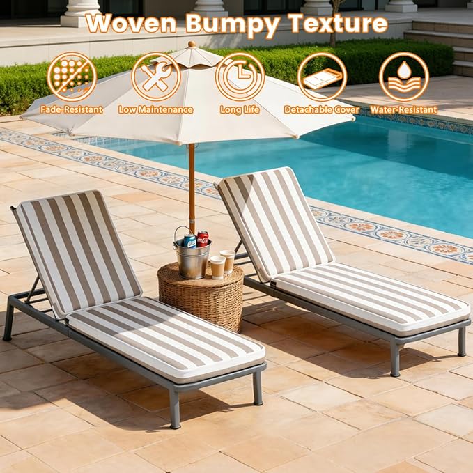 Sundale Outdoor Olefin Chaise Lounge Cushion Set of 2, Water-Resistant Patio Lounge Chair Cushion, Thick Lounger Pad with 4 Straps Cabana Stripe Tan, 72 x 21 x 4 Inches