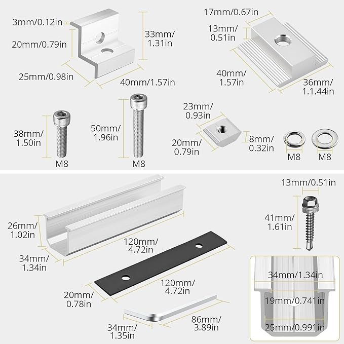 Anbte Solar Panel Mounting Brackets, Included 10 x 4.72 in Rails + 4 end Clamps + 6 Center Clamps + 1 Wrench, Aluminum Solar Mounting Kit for 4 Panels, Waterproof, for Roof, RV, Boat, Silver