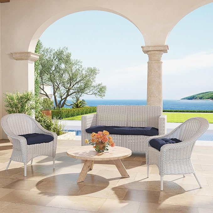 Outdoor Chair Cushions Set of 2, 19x19x4 Inch Seat Pads with Ties for Patio Wicker Chairs Garden Dining Chair, Indoor Outside Use, Fade-Resistant & Waterproof, Dark Blue