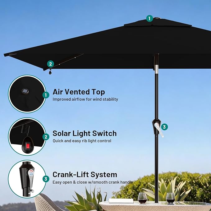 AreShark 6.5' x 10' Rectangular Patio Umbrella with Solar Lights, Solar Powered Lighted Market Umbrella w/Tilt and Crank, Outdoor Table Umbrella for Garden, Deck, Backyard, Pool and Beach, Black