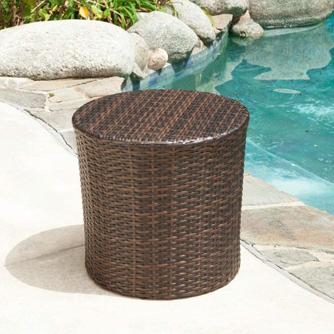 Christopher Knight Home Keaton Wicker Barrel Side Table, Multibrown & Suncast 33 Gallon Hideaway Can Resin Outdoor Trash with Lid Use in Backyard, Deck, or Patio, 33-Gallon, Brown