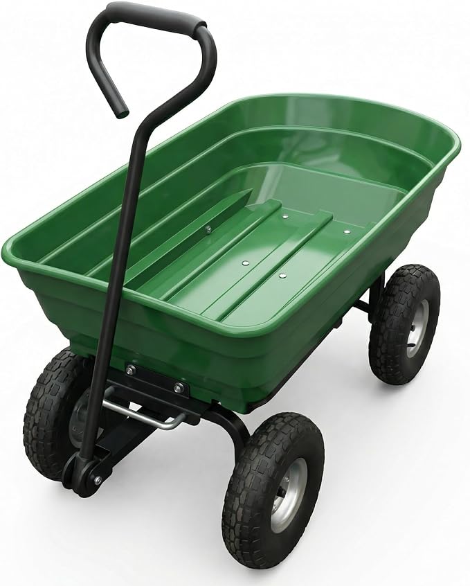 Garvee Wheelbarrow Garden Cart, Heavy-Duty Garden Dump Cart, Four-Wheel Home Garden Yard Utility Wheelbarrow Cart with Built-in Stand & D-Handle Steering for Gardening, Yard Work & Landscaping