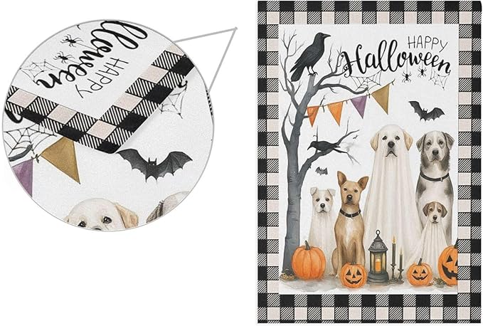 Happy Halloween Dogs House Flag 28x40 Inch Double Sided Outside Pumpkin Lantern Raven Black Buffalo Plaid Seasonal Yard Outdoor Flag Banner for Garden Lawn Patio Holiday Decorations