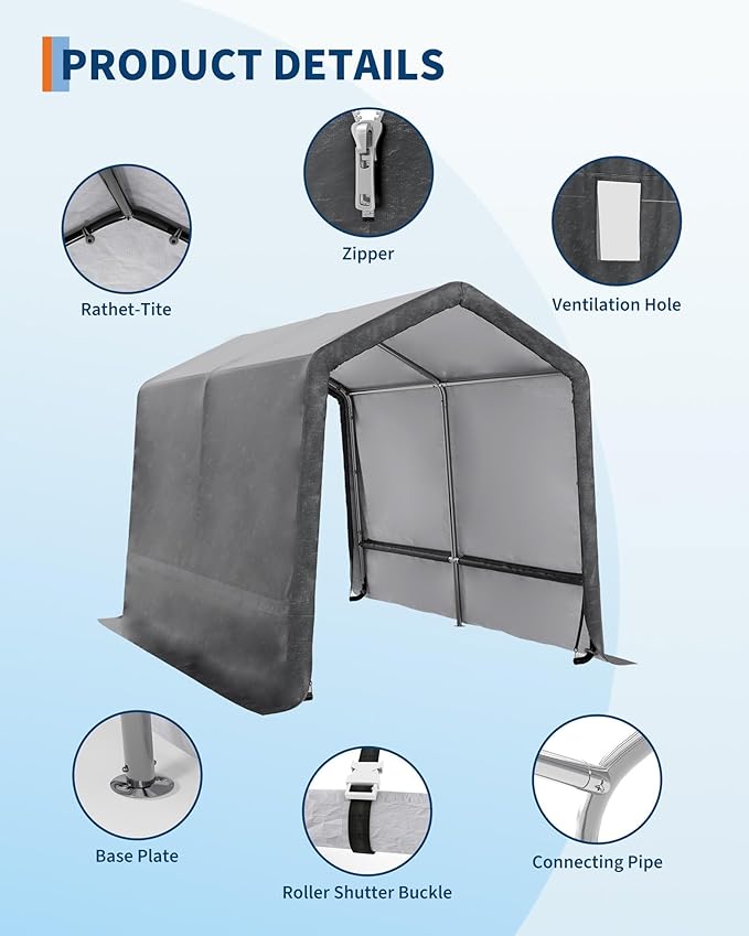 7X10 FT Heavy-Duty Portable Outdoor Storage Shed with Roll-Up Zipper Door & Vent, 240g Waterproof Carport Storage Shelter, UV-Resistant Canopy for Motorcycle, Firewood, Tools -Gray ﻿
