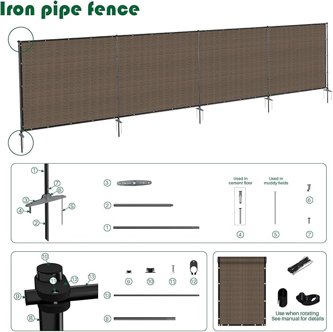 5'Hx140'W Outdoor Freestanding Privacy Screen Fence Panels with Iron Poles, Mesh Shade Net Cover Temporary Fencing for Patio Backyard Garden Deck, Brown