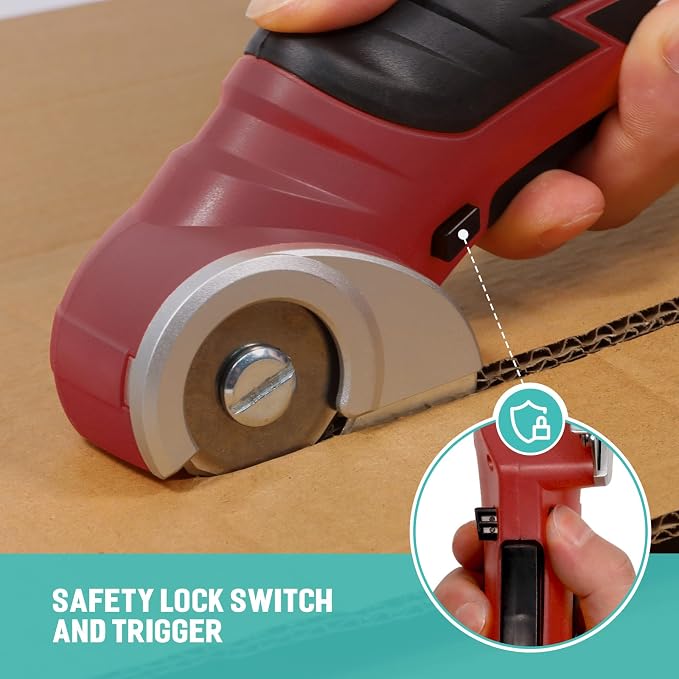 VLOXO 4V Cordless Electric Scissors – Rechargeable Rotary Cutter with Safety Lock for Home Crafting, Warehouse Packaging & DIY Projects, Cuts Cardboard Leather Fabric (Red)